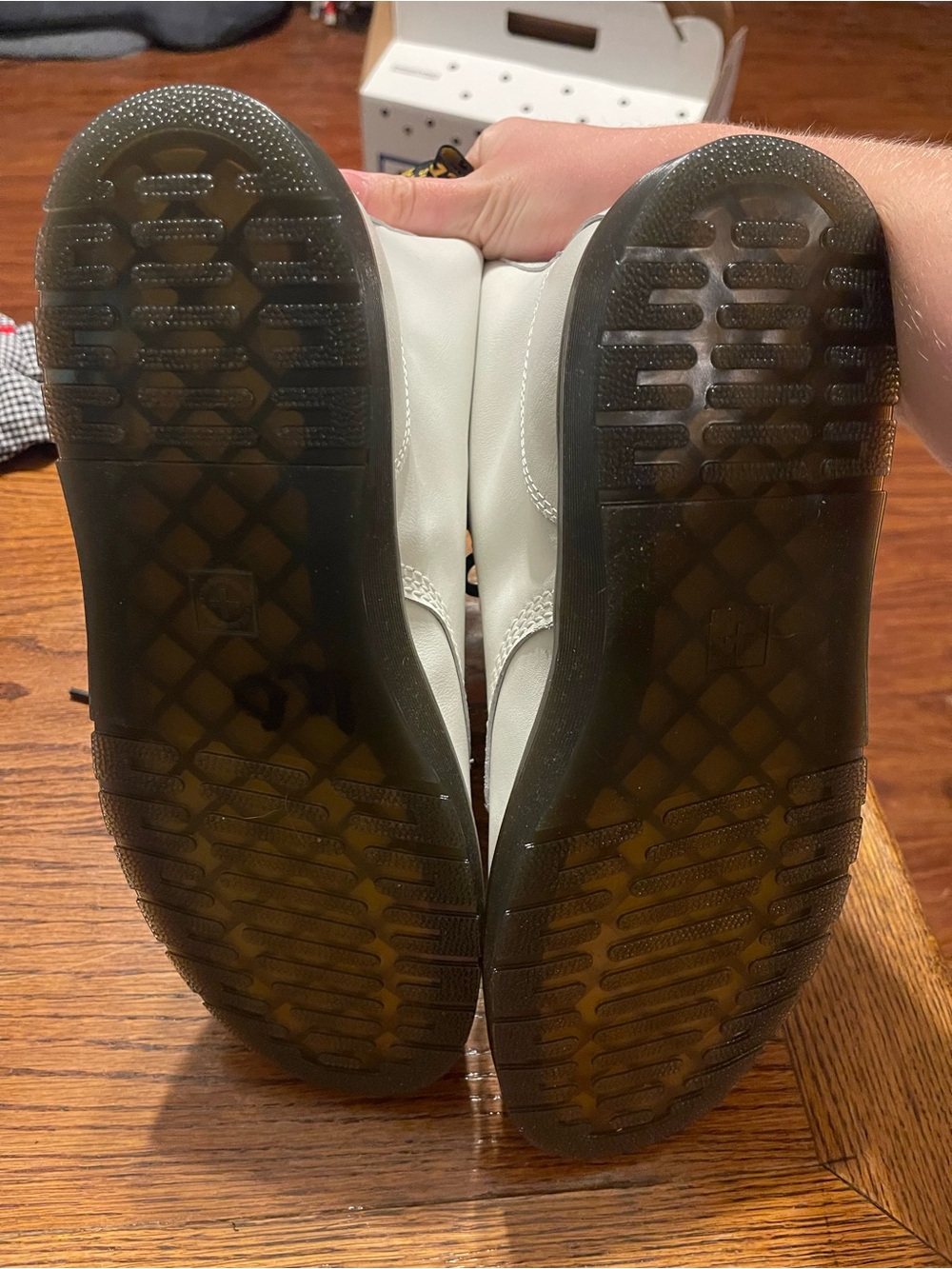 Dr. Martens White Leather Boots with Black Trim and Yellow Pull Tab - Picture 7 of 7